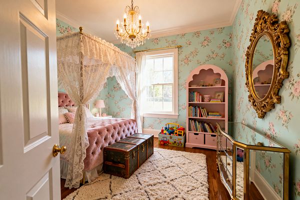 A kids’ bedroom with mint floral wallpaper centers on a blush pink tufted velvet canopy bed draped in white lace. A gold and crystal chandelier hangs overhead; an antique trunk sits at the foot; a scalloped pink bookcase, gold-trimmed mirrored dresser, ivory trellis shag rug, and white curtained window sit on warm hardwood floors with toys and books neatly arranged.