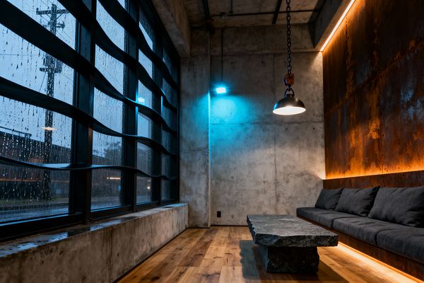 Industrial living room with raw concrete walls and ceiling, a large black-framed window with wavy interior steel slats wet with rain, and a long built-in sofa with charcoal cushions set against a rusted steel panel. A rough-hewn stone coffee table sits on warm hardwood floors, while a dome pendant on a chain and hidden LED strips provide warm light, contrasted by a cool blue wall light that washes the concrete surface.