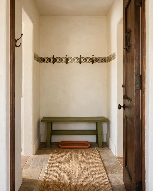 A narrow Mediterranean-style mudroom with cream plaster walls, a colorful decorative tile band running across the back wall, and five dark metal wall hooks. A simple olive-green wooden bench sits against the back wall above a terracotta tray, while a natural woven rug leads in from the doorway. The space is framed by dark wood doors and finished with warm stone flooring.