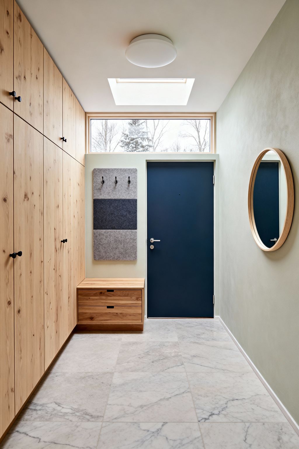 A minimalist mudroom shows full-height natural oak cabinets with black knobs on the left, a matching low bench with two drawers, and a rectangular felt panel with three hooks beside a matte navy door. Pale sage walls and a round wood-framed mirror are on the right. Large light gray stone tiles cover the floor. A round flush ceiling light and a skylight with a clerestory window bring soft daylight into the compact entry.