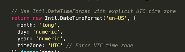 A code snippet demonstrating the use of Intl.DateTimeFormat for formatting dates in UTC.