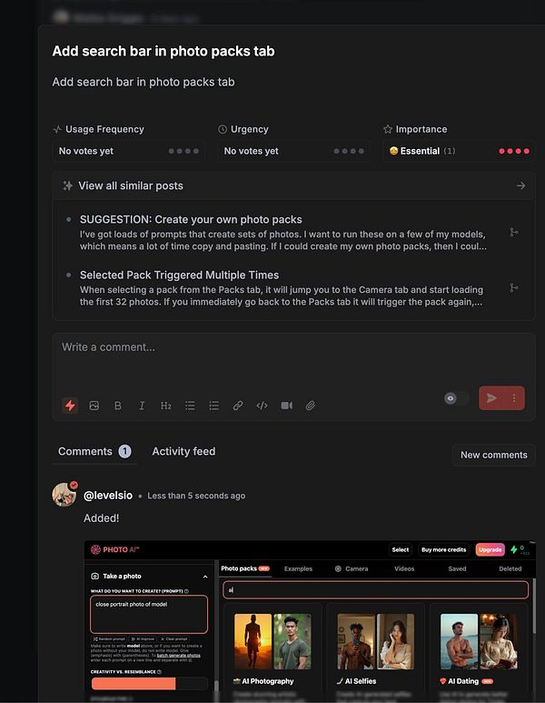 The image displays a user interface for a photo pack feature with a task to add a search bar.