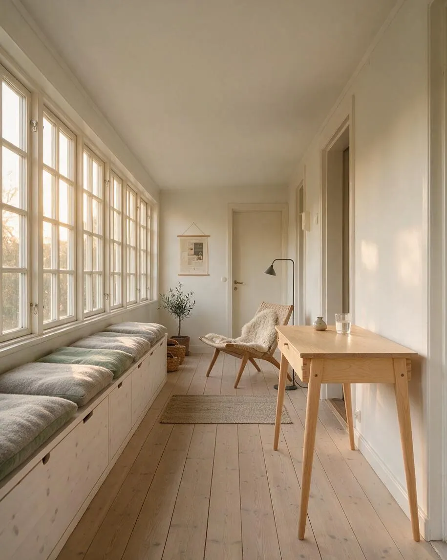A narrow sunroom with a row of large multi-pane windows on the left, a long built-in window seat with soft cushions, pale wood plank flooring, and white walls. The room includes a woven lounge chair, a small light-wood table, a black floor lamp, and a neutral rug, creating a calm Scandinavian-style retreat.