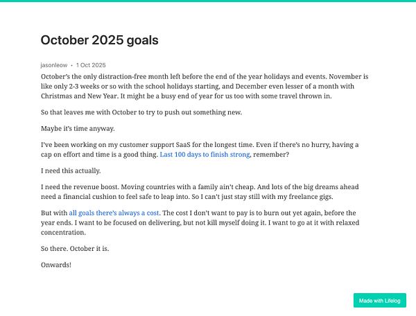 A personal reflection on goals for October 2025, emphasizing the importance of focus and revenue generation.
