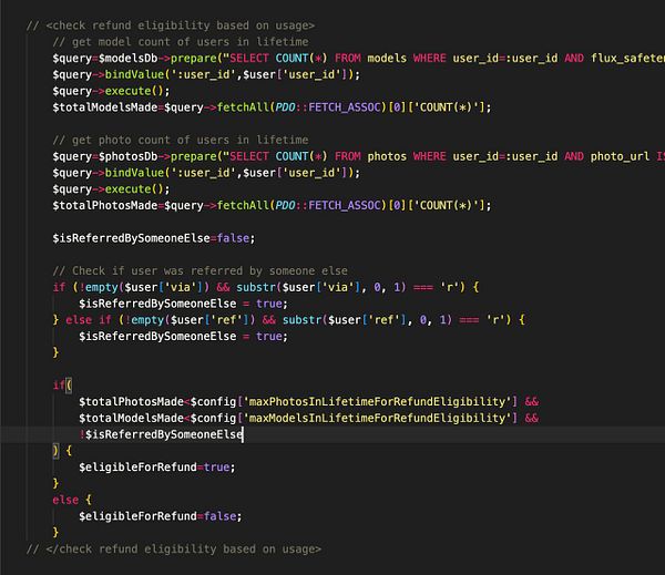 The image displays a code snippet that checks refund eligibility based on user activity and referral status.