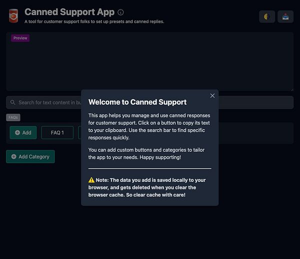 The image displays a user interface for the Canned Support App, featuring an onboarding modal with instructions and options for managing canned responses.