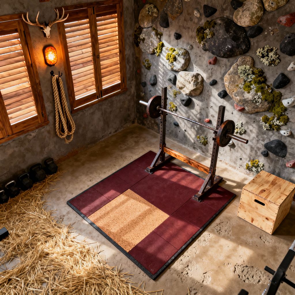 A rustic home gym with concrete walls and floor features a steel squat stand on a burgundy-and-cork lifting platform beside a pine plyo box. One wall forms a bouldering surface of large natural stones with patches of moss and bolt-on holds. Warm light from wooden shutters highlights a deer skull, an amber-caged sconce, a coiled training rope, and cast-iron kettlebells, with straw scattered near the window for a barnlike atmosphere.