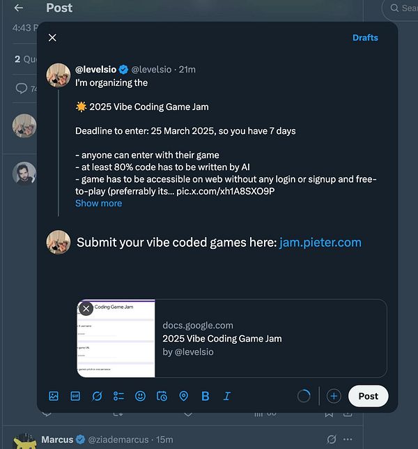 A Twitter draft post announcing the 2025 Vibe Coding Game Jam with submission details.