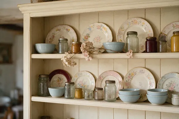 A cream-painted wooden hutch with open shelves displays floral vintage plates, pale blue bowls, and assorted glass jars filled with jams or preserves. A delicate dried flower sprig drapes across the middle shelf, creating a soft cottagecore still life.