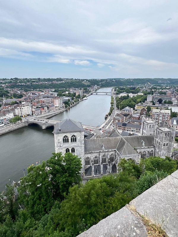 A panoramic view of a river city featuring historical architecture and lush greenery.
