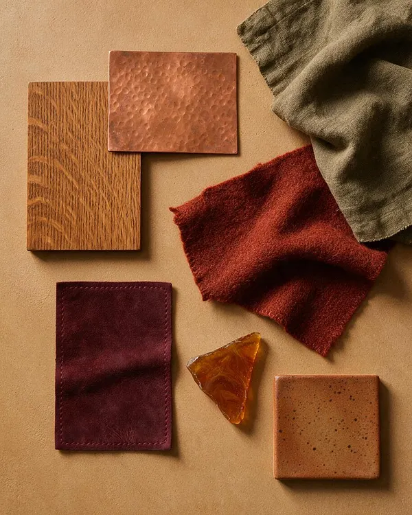 A flat lay of Craftsman-style material samples arranged on a warm tan background, including a wood veneer tile, a hammered copper square, olive fabric, rust-colored wool, burgundy leather, an amber glass fragment, and a speckled clay tile. The composition highlights earthy tones and tactile finishes.