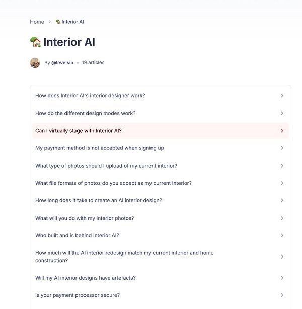 The image displays a FAQ section for Interior AI, highlighting various questions related to the service.