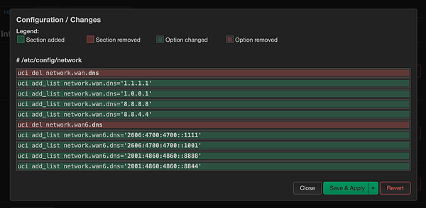 The image displays a configuration interface showing DNS settings changes for a network.
