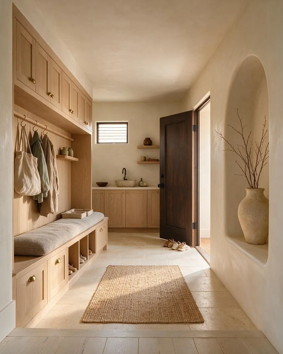 A narrow organic modern mudroom with light oak built-in cabinetry, an upholstered bench, brass knobs, and hanging coats beside a dark wood door. The space has cream plaster walls, a small jute rug, a stone-look floor, and a recessed niche holding a ceramic vase with branches.