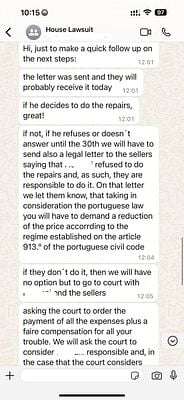 A WhatsApp conversation discussing legal steps regarding a house lawsuit against a construction company.