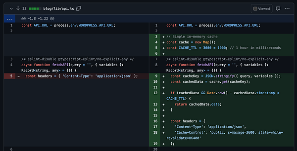 Code snippet showing optimizations for a blog's API with caching and improved headers.