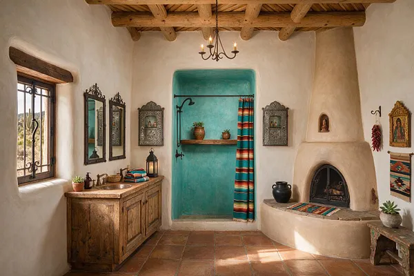 A Southwestern-style master bathroom with white plaster walls, a rustic wood vanity, wrought-iron mirrors, exposed wood ceiling beams, and terracotta tile floors. A turquoise tiled shower niche and a rounded kiva-style fireplace with a curved plaster bench add warmth and color.