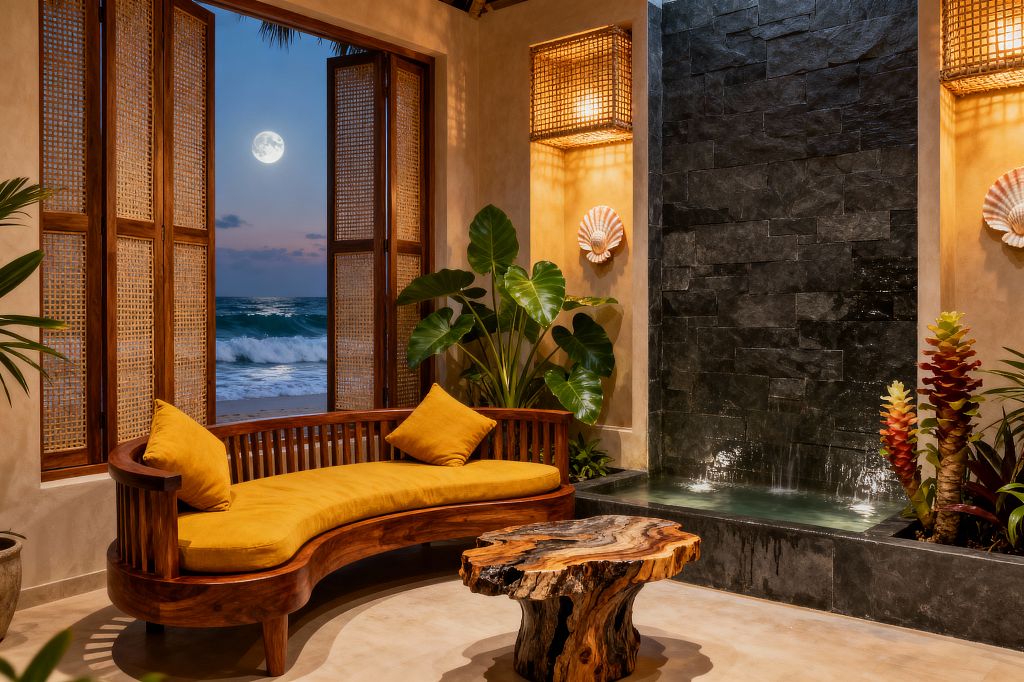 A tropical living room opens to the ocean under a full moon through tall wood-framed, cane-paneled shutters. Inside, a curved teak settee with mustard cushions faces a live-edge wood coffee table and a black slate waterfall bordered by a shallow reflecting pool; rattan box sconces warm sandy plaster walls while broad-leaf tropical plants and seashell accents complete the relaxed indoor–outdoor ambience.