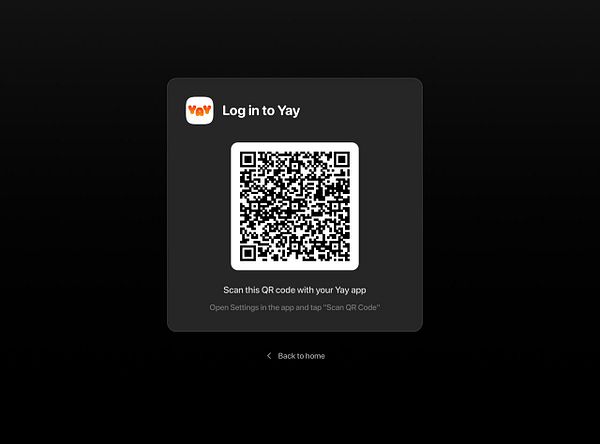 A QR code login interface for the Yay app is displayed on a dark background.