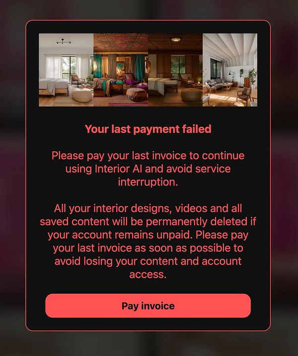 A notification alerting the user about a failed payment for their Interior AI subscription.