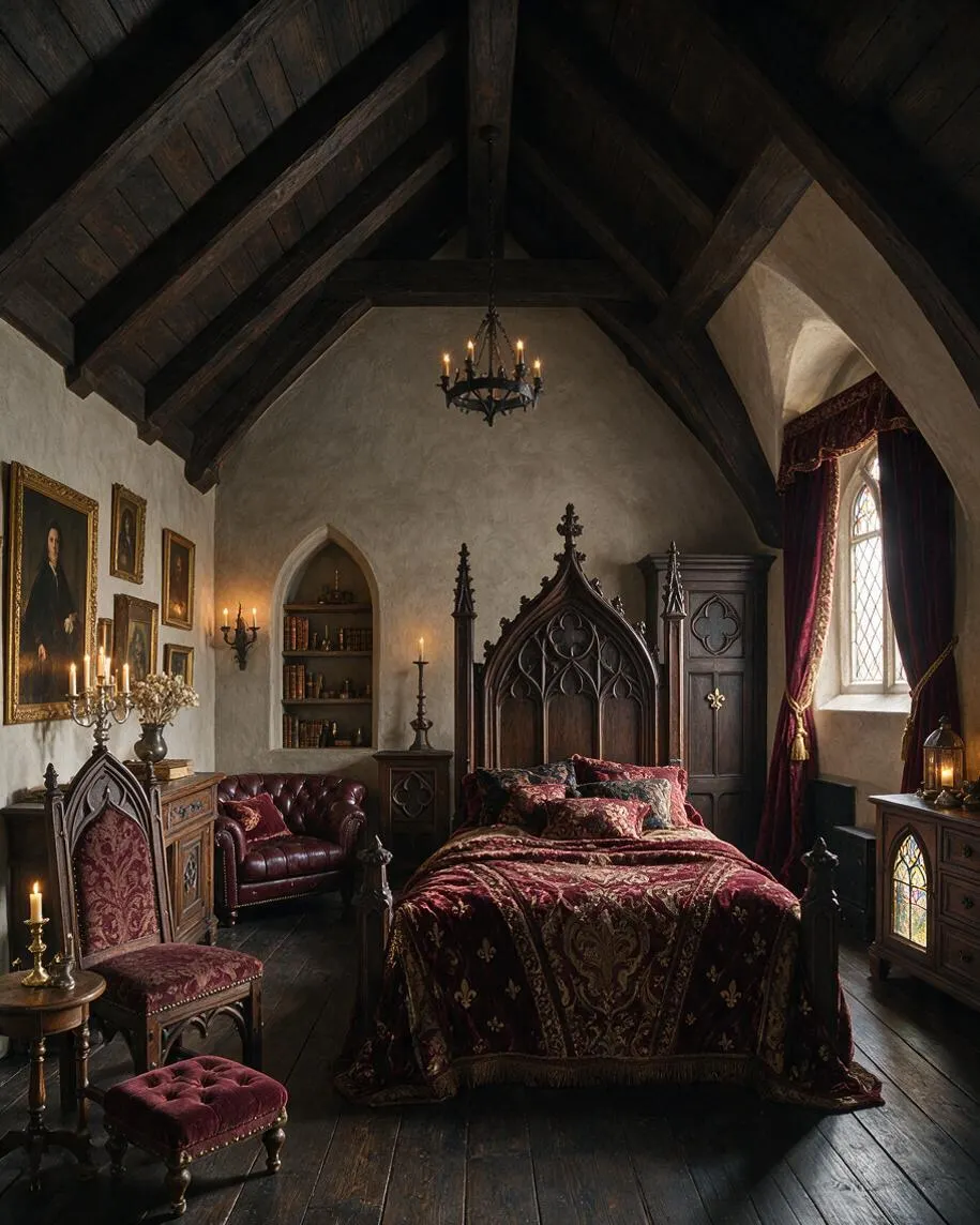 A dramatic Gothic master bedroom with a tall cathedral-style wood ceiling, dark timber beams, and a carved four-poster bed centered on the back wall. Burgundy velvet and brocade textiles, pointed-arch details, framed portrait art, candle-style lighting, and a small stained-glass window create a moody, historic atmosphere.