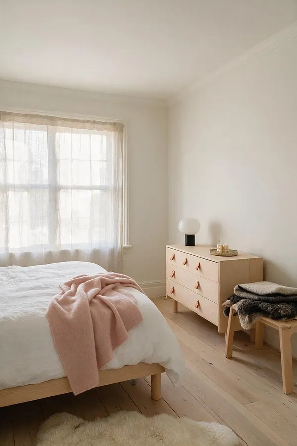 A serene Scandinavian-style guest bedroom with a light wood bed, white bedding, and a soft pink throw. Sheer curtains filter daylight from a large window, while a pale wood dresser, small bench with folded blankets, and simple mushroom lamp complete the calm neutral space.