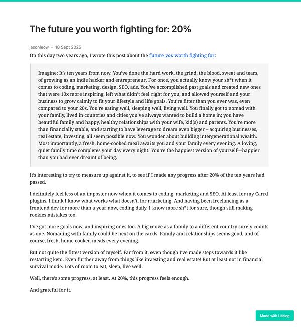 A blog post reflecting on personal growth and future aspirations, titled 'The future you worth fighting for: 20%'.
