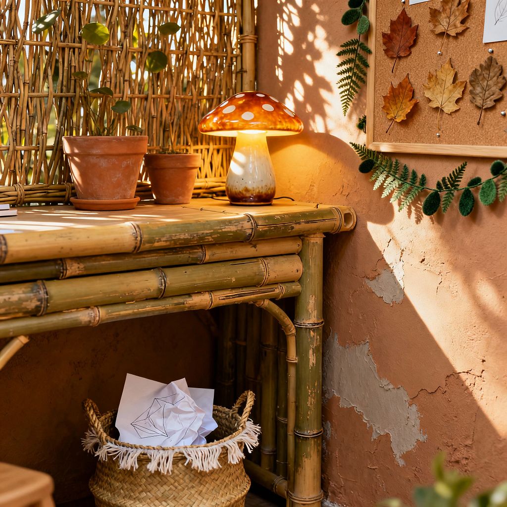 A children’s study nook features a bamboo desk against a woven bamboo screen, illuminated by a ceramic mushroom lamp. Terracotta pots, a cork board decorated with pressed leaves and a felt fern garland, and a woven seagrass basket with papers sit beside a warm terracotta plaster wall as sunlight casts patterned shadows, emphasizing the natural textures and earthy tones.
