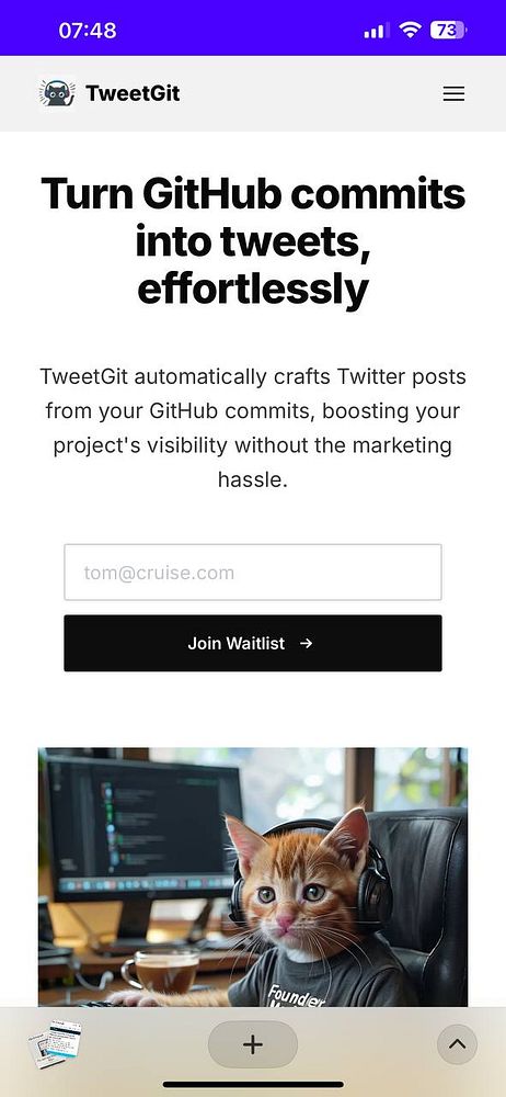 The image displays a landing page for TweetGit, featuring a playful cat wearing headphones and a call-to-action for joining a waitlist.