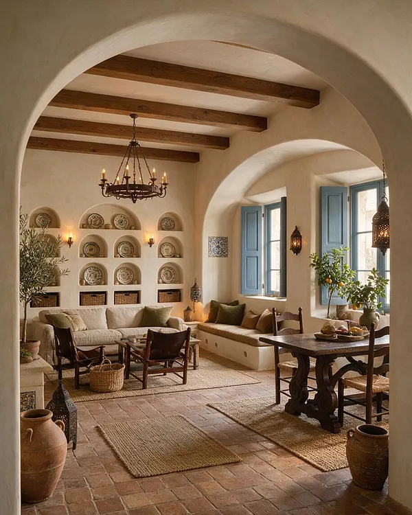 A warm Mediterranean-style basement with plastered arches, exposed wood ceiling beams, terracotta tile floors, and blue window shutters. The room includes built-in wall niches with decorative plates, a beige sectional, dark wood dining furniture, woven rugs, lanterns, and potted olive and citrus trees.