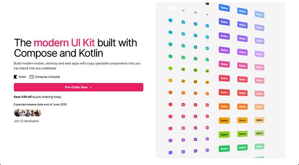 The image features a promotional landing page for a modern UI Kit designed with Compose and Kotlin.