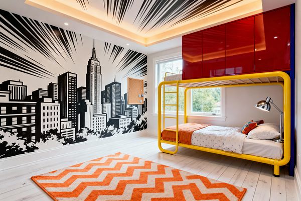 A kids’ bedroom with a bold black-and-white comic-style city skyline mural spans one wall, with matching graphic burst lines on a recessed ceiling lit by warm cove lighting and spotlights. A yellow tubular metal bunk with glossy red overhead cabinets stands by a large window, dressed in white bedding, orange accents, and a chrome reading lamp. Whitewashed wood plank floors host an orange-and-cream chevron rug, with a cork bulletin board on the mural wall.