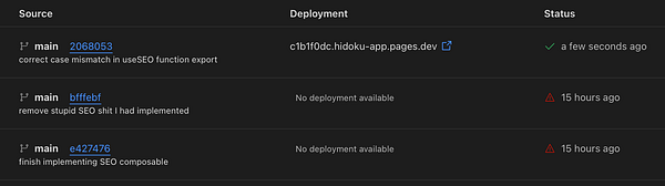 The image displays a deployment status table for a project related to SEO fixes.