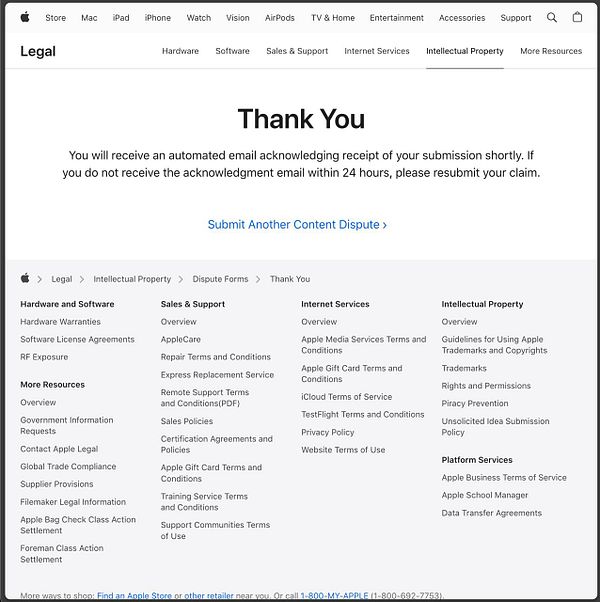 Apple Legal webpage showing a thank you message for a submitted intellectual property dispute claim.