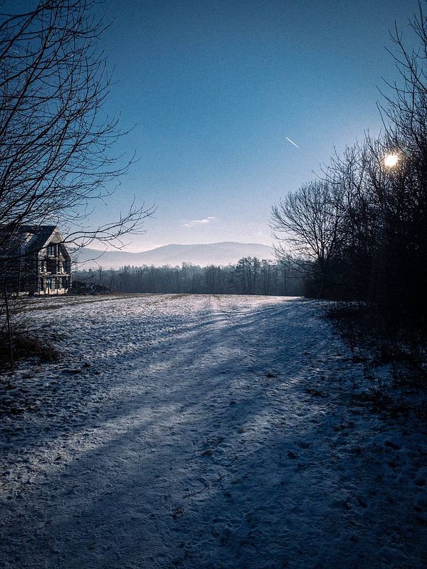 A serene winter landscape featuring a snow-covered path leading towards distant mountains under a clear blue sky.