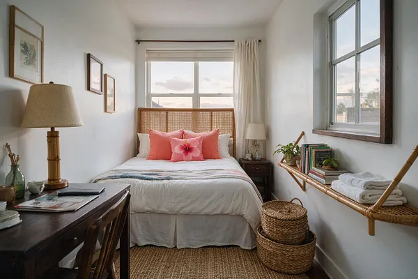 A small tropical-style studio apartment bedroom with a rattan headboard, white bedding, and coral pink accent pillows centered between two windows. Bamboo and woven textures appear in the lamp, wall shelf, baskets, and rug, creating a warm, airy, relaxed feel.