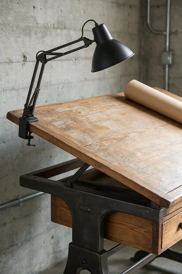 A rustic wooden drafting table sits against a raw concrete wall, paired with a matte black adjustable desk lamp clamped to the side. A roll of kraft paper rests on the tabletop, and dark metal hardware supports the table, creating a utilitarian industrial look.