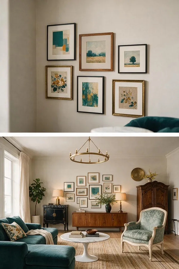 A living room with a curated gallery wall of small abstract and floral artworks in black, gold, and wood frames. Below it are a walnut sideboard, lamps, and a teal velvet sofa with a pale patterned chair, creating a warm eclectic look.