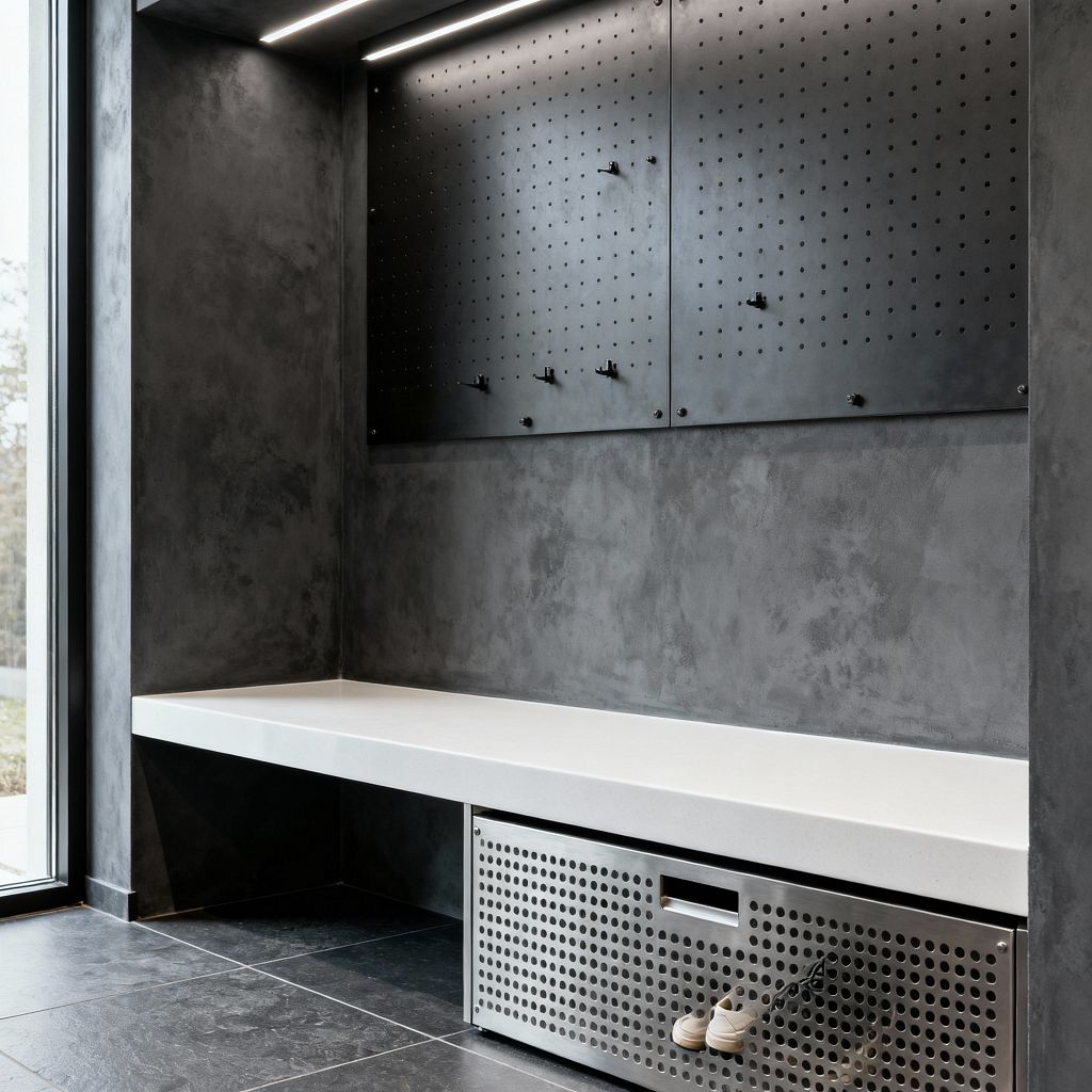 A modern mudroom with dark gray textured walls features a long white floating bench above a perforated stainless-steel pull-out drawer for ventilated shoe storage. Large charcoal floor tiles ground the space. Black powder-coated steel pegboards with several hooks span the back wall, and a slim recessed linear LED illuminates the niche. At the left edge, a floor-to-ceiling glass door or window with a black frame brings natural light into the minimalist, utility-focused area.