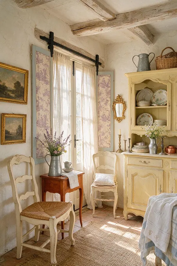 A bright French Country sunroom with white plaster walls, exposed weathered ceiling beams, and a central French door framed by soft floral panels. Distressed cream furniture, a woven chair seat, a small wooden table, pale yellow cabinet, and decorative dishware create a cozy vintage atmosphere filled with natural light.