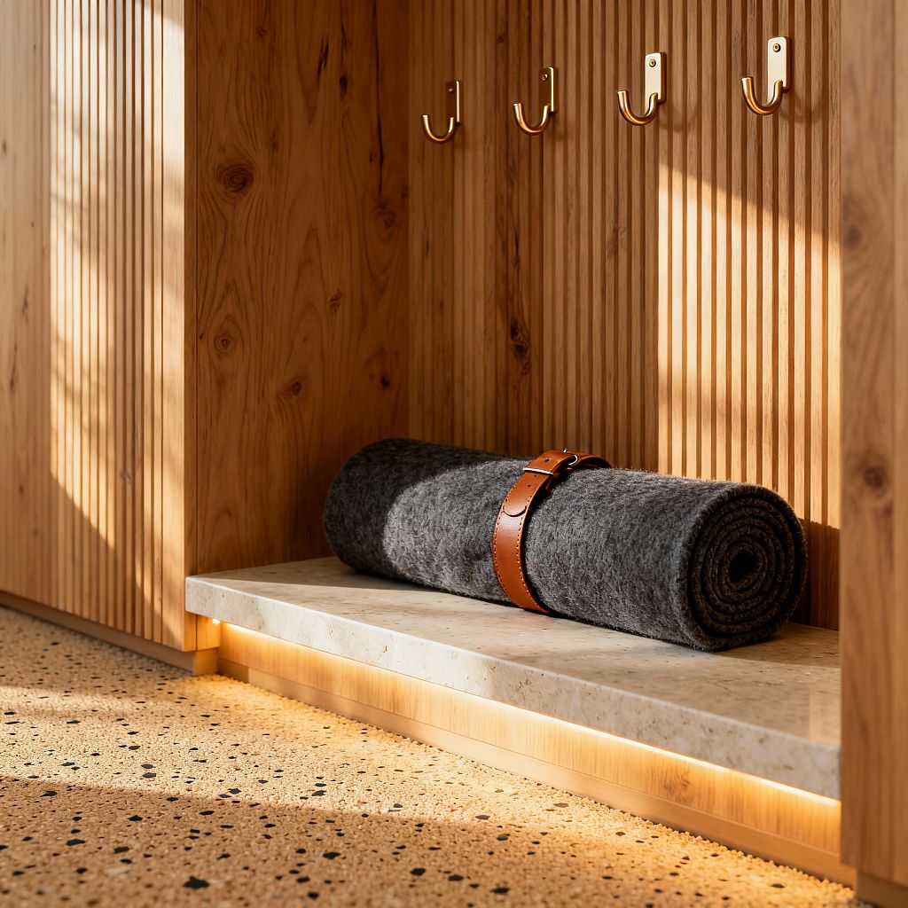 Close-up of a Scandinavian-style home gym storage niche with vertical fluted natural-oak cabinetry and four small brass hooks above a light limestone shelf lit by warm concealed LED strips. A rolled charcoal felt yoga mat secured with a tan leather strap sits on the shelf, while a tan terrazzo floor with black chips and soft daylight highlight the wood grain and clean, minimal detailing.