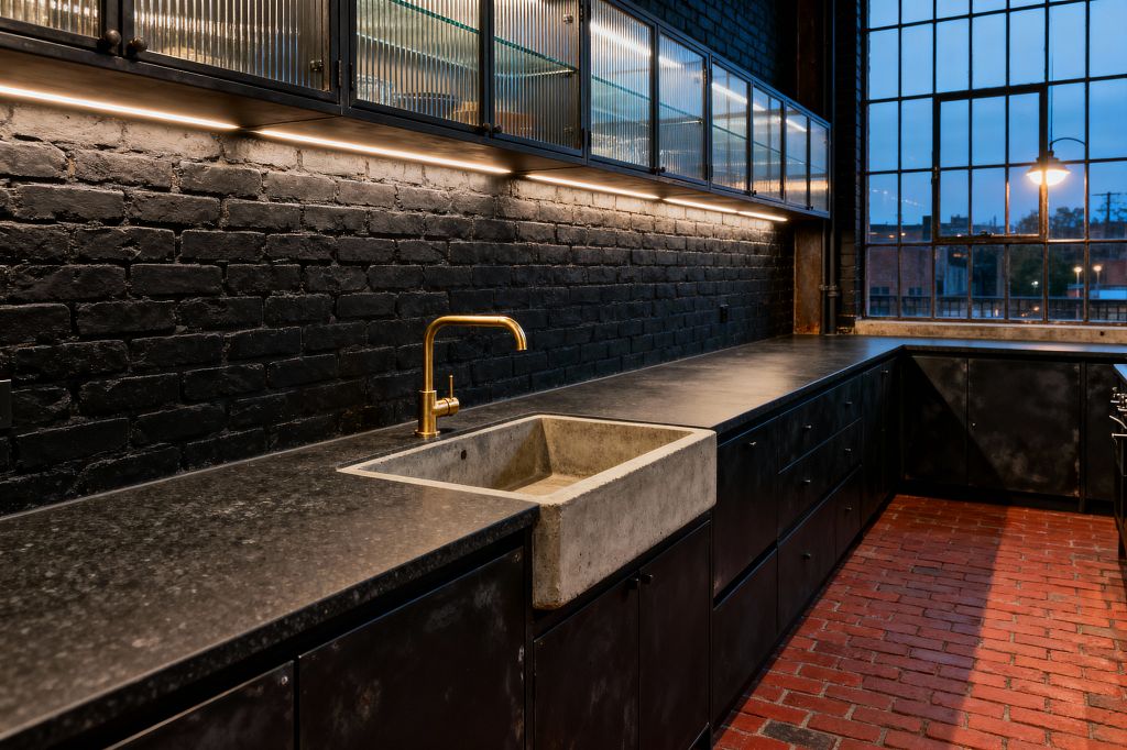 A moody industrial kitchen features matte black cabinets and a long dark stone countertop against a black painted brick wall. A concrete apron-front sink is paired with a warm brass gooseneck faucet. Upper cabinets with metal frames and fluted glass sit above continuous LED under-cabinet lighting. The floor is red brick, and a large factory-style grid window brings evening light, alongside an exposed sconce and piping for an authentic loft feel.