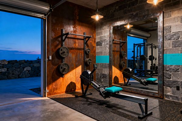 An industrial-style home gym opens to the outdoors through a roll-up garage door, revealing a rusted Corten steel wall fitted with a pull-up bar and wall pegs holding weight plates. A black rowing machine with a teal cushion faces a large mirror framed in raw, riveted steel. The adjacent wall is gray cinder block with a turquoise stripe, the floor combines concrete with speckled rubber mats, and Edison pendants cast warm light at dusk.