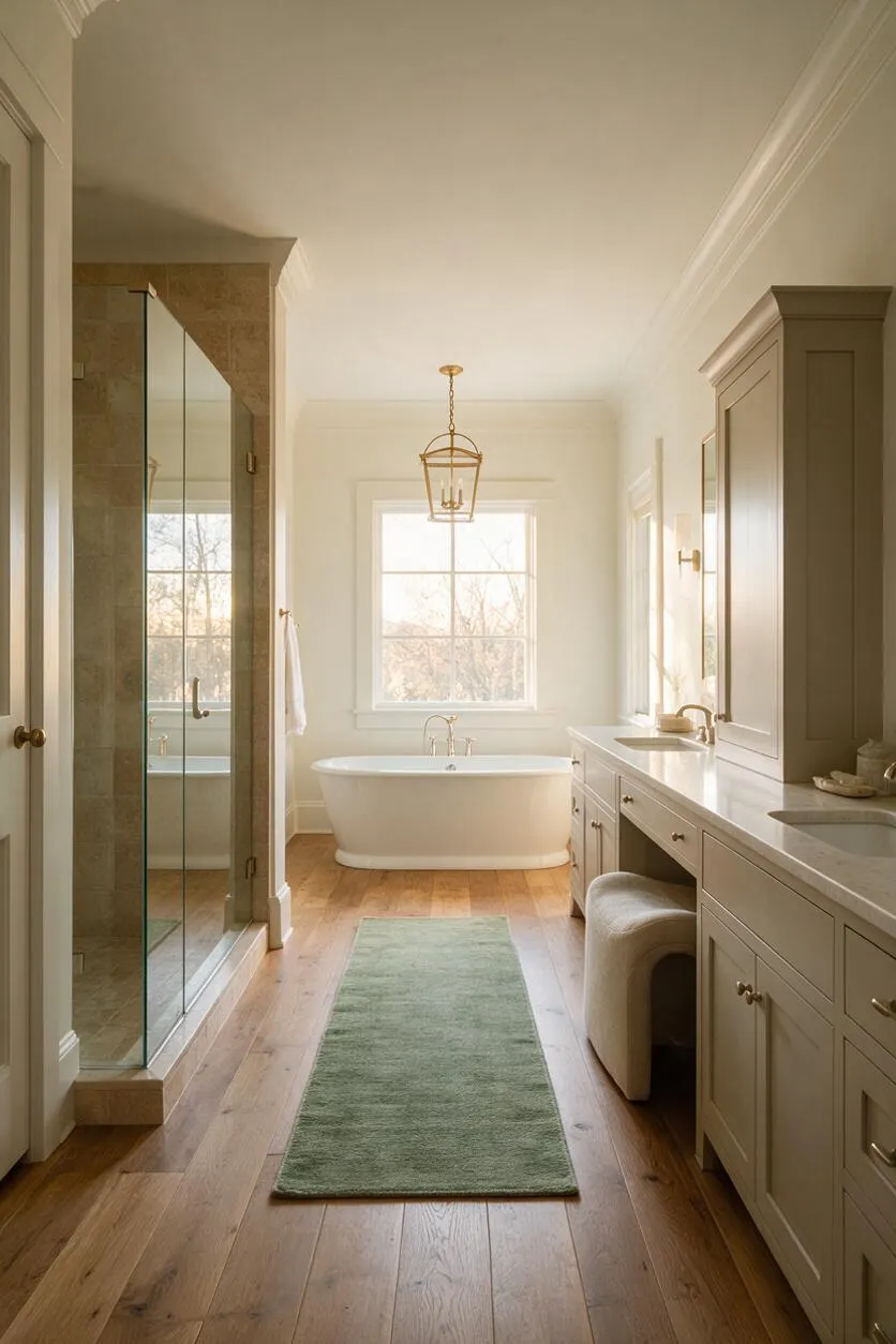 A bright transitional master bathroom with a freestanding oval tub centered beneath a large window, a glass-enclosed shower on the left, and a long vanity with a light countertop on the right. Warm wood floors, soft neutral cabinetry, and a brass lantern pendant create a serene, elegant atmosphere.