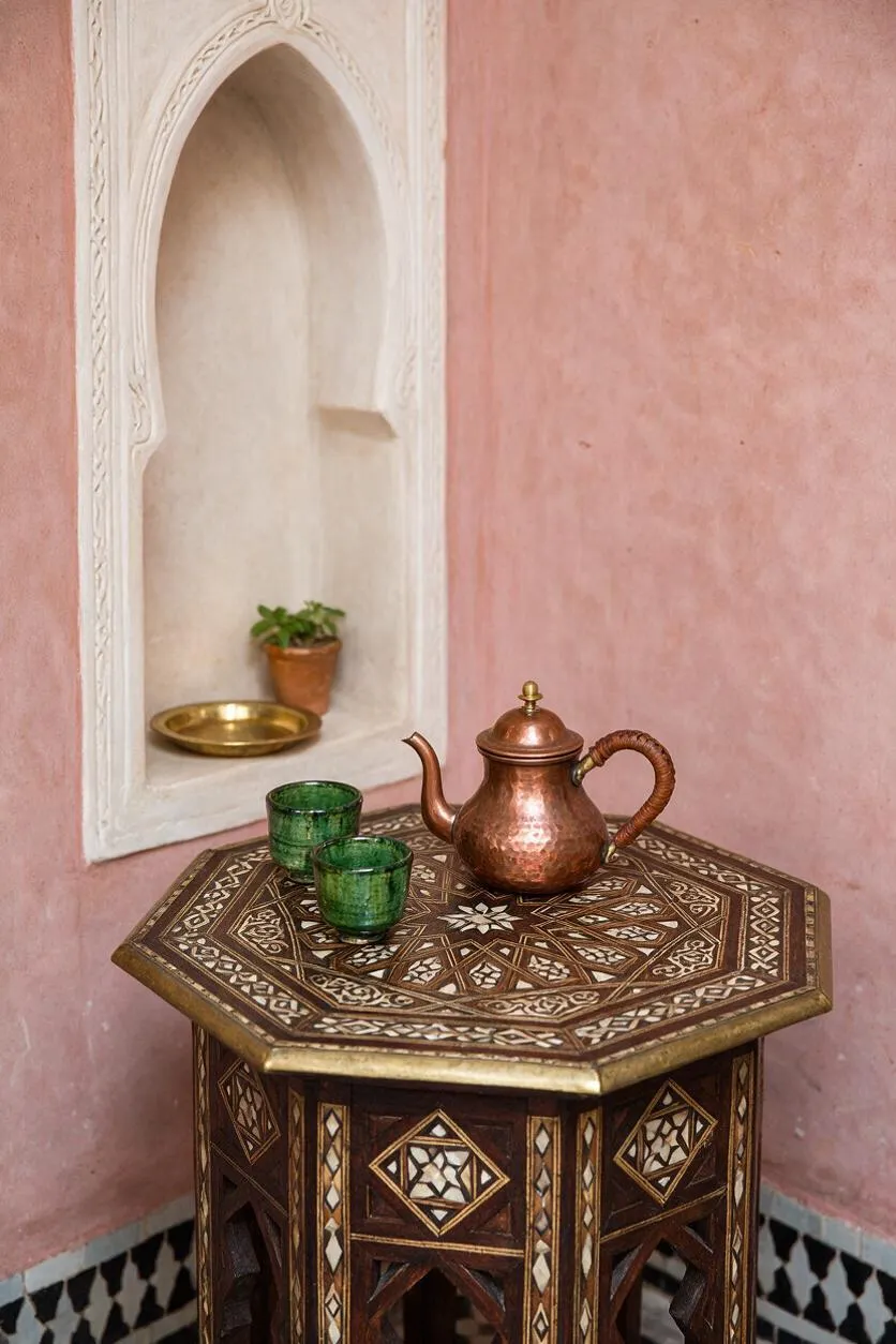 A small Moroccan-style tea setup sits beside a pink stucco wall and white arched niche. An octagonal wooden table with geometric inlay holds a hammered copper teapot and two green glass cups, with a brass tray and tiny potted plant displayed in the niche behind it.