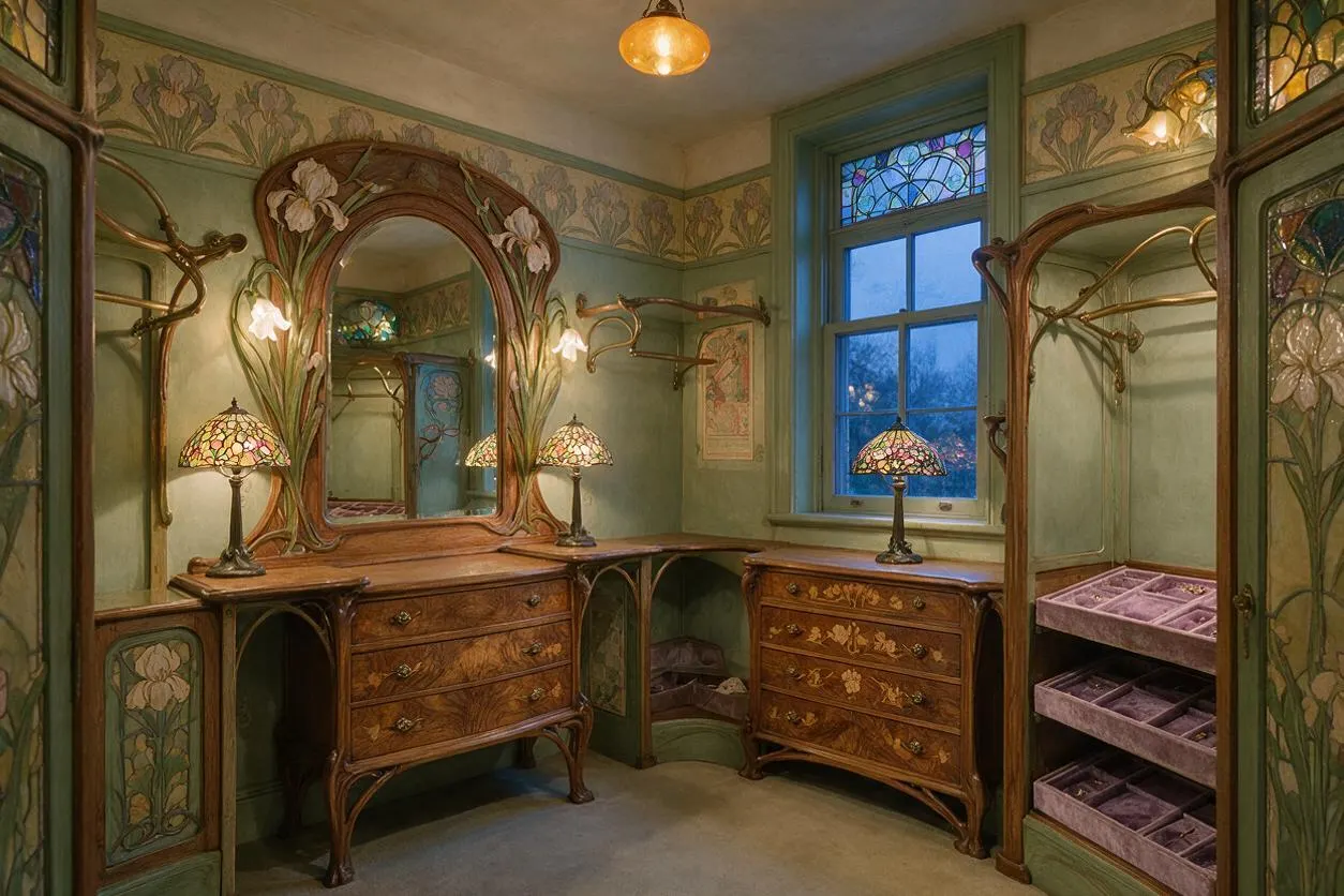 An Art Nouveau closet with ornate carved wood furnishings, a large arched mirror framed by floral motifs, and stained-glass table lamps. Soft green walls with decorative floral borders, curved brass hanging rods, and a window with colored glass panels create a romantic, handcrafted atmosphere.