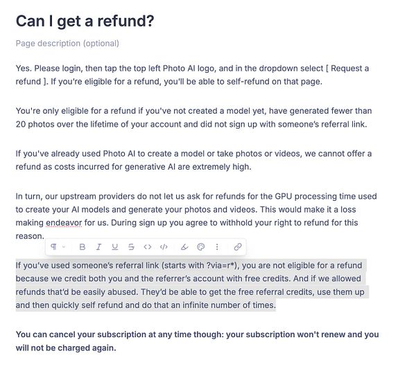 The image displays a detailed FAQ section regarding refund policies for a service called Photo AI.