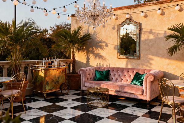 An outdoor patio styled in vintage glam with a black-and-white checkerboard marble floor, a tufted blush velvet sofa topped with emerald pillows, and a round gold openwork coffee table. A patinated brass bar cart stands beside potted palm trees, while a distressed ornate mirror hangs on a warm stucco wall. Globe string lights and a crystal chandelier add sparkle as sunset light casts long, dramatic shadows across the space.