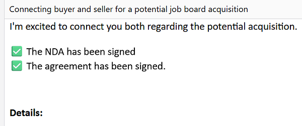 The image displays a task interface related to connecting a buyer and seller for a job board acquisition.