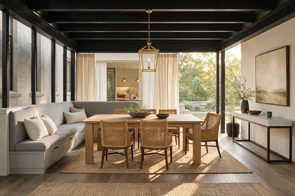 A covered backyard patio features a black exposed-beam ceiling, a large gray sectional along the left wall, and a light wood dining table with woven rattan chairs centered on a natural rug. Sheer curtains open to a view of the landscaped yard, while a console table, framed artwork, and a brass lantern pendant add refined transitional style.